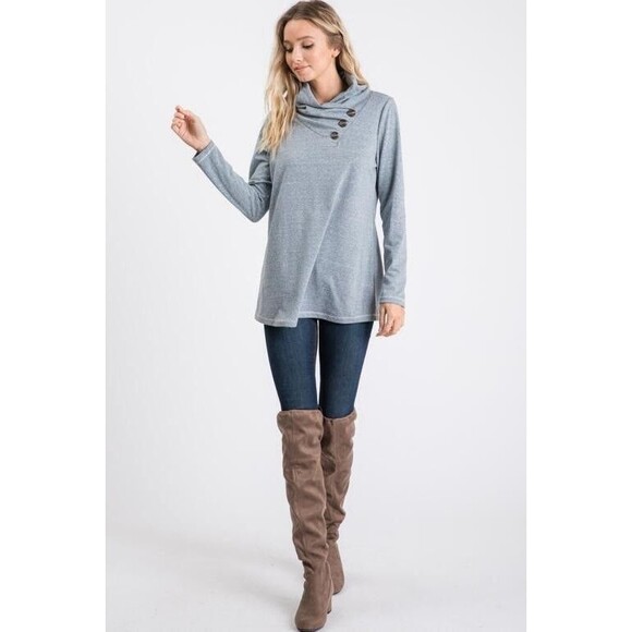 Soft Surroundings Brinley Cowl Button Collar Blue Heathered Sweater Womens Large - Picture 2 of 8